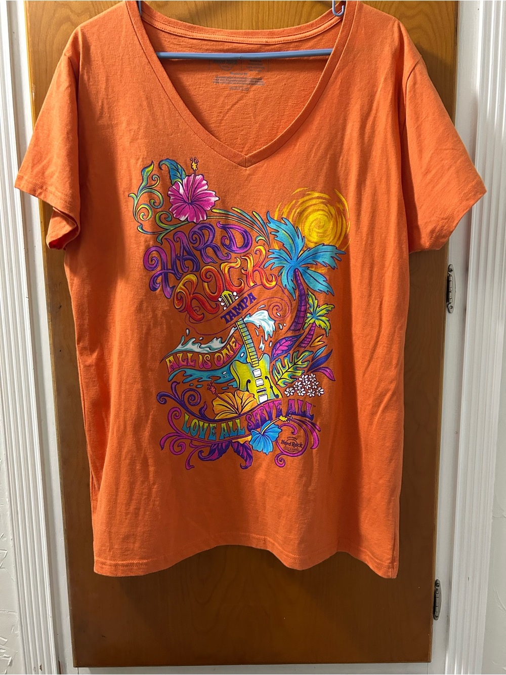 Hard Rock Cafe Orange Tropical Graphic V-Neck Tee Tampa